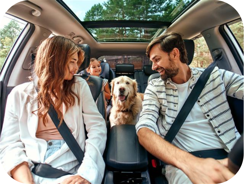 Happy family driving in car with dog in back seat